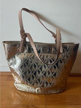 Michael Kors Gold Logo-Embossed Tote with Blush Straps
